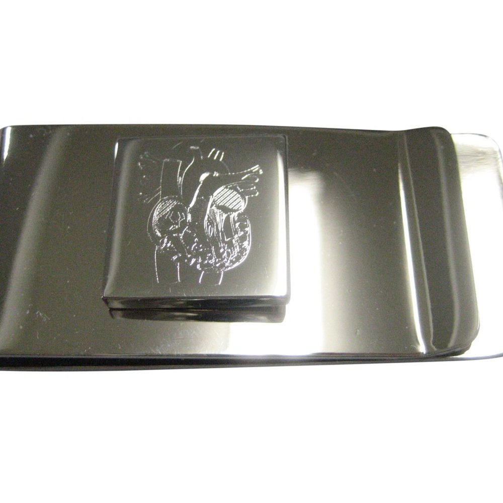 Silver Toned Square Etched Anatomical Heart Money Clip